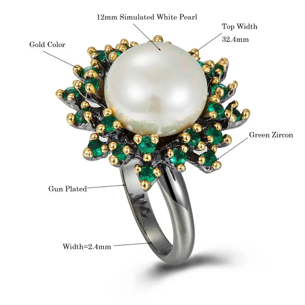 Enchanted Blossoming Floral Ring with Green Zircon and White Pearl