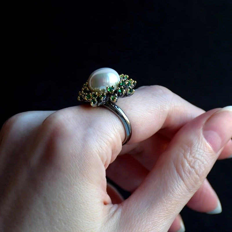 Enchanted Blossoming Floral Ring with Green Zircon and White Pearl