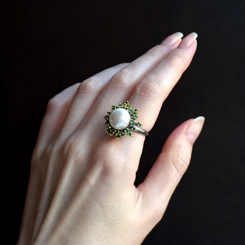 Enchanted Blossoming Floral Ring with Green Zircon and White Pearl