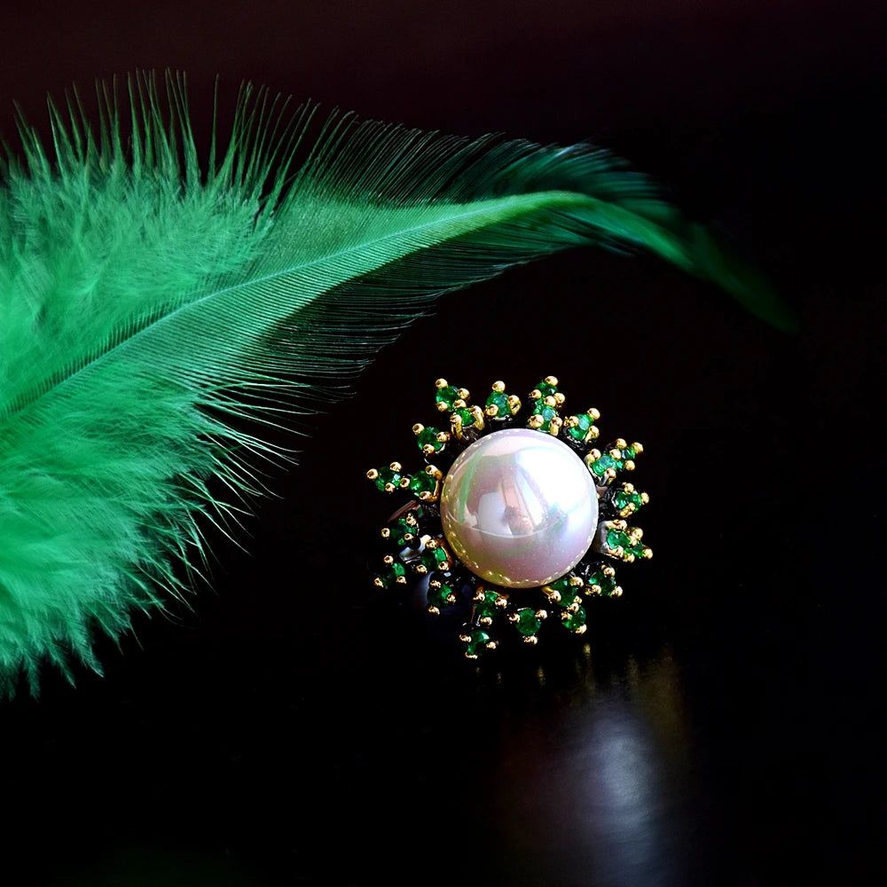 Enchanted Blossoming Floral Ring with Green Zircon and White Pearl