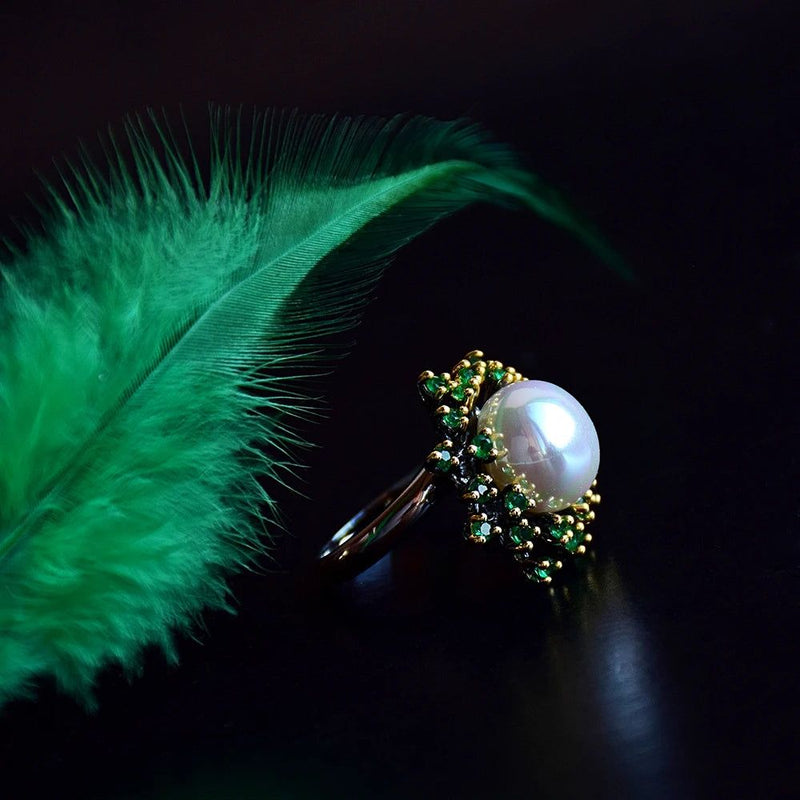 Enchanted Blossoming Floral Ring with Green Zircon and White Pearl