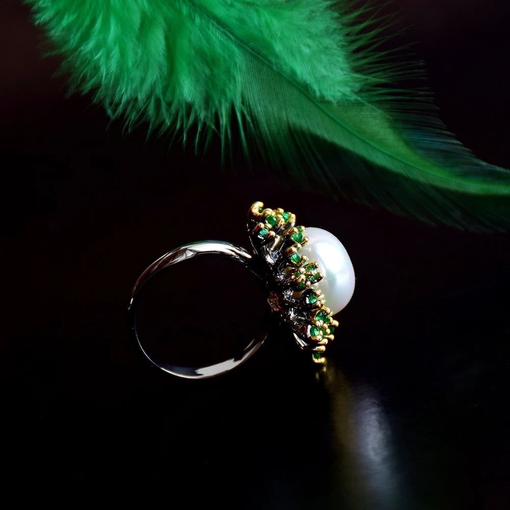 Enchanted Blossoming Floral Ring with Green Zircon and White Pearl