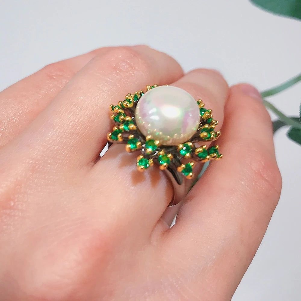 Enchanted Blossoming Floral Ring with Green Zircon and White Pearl