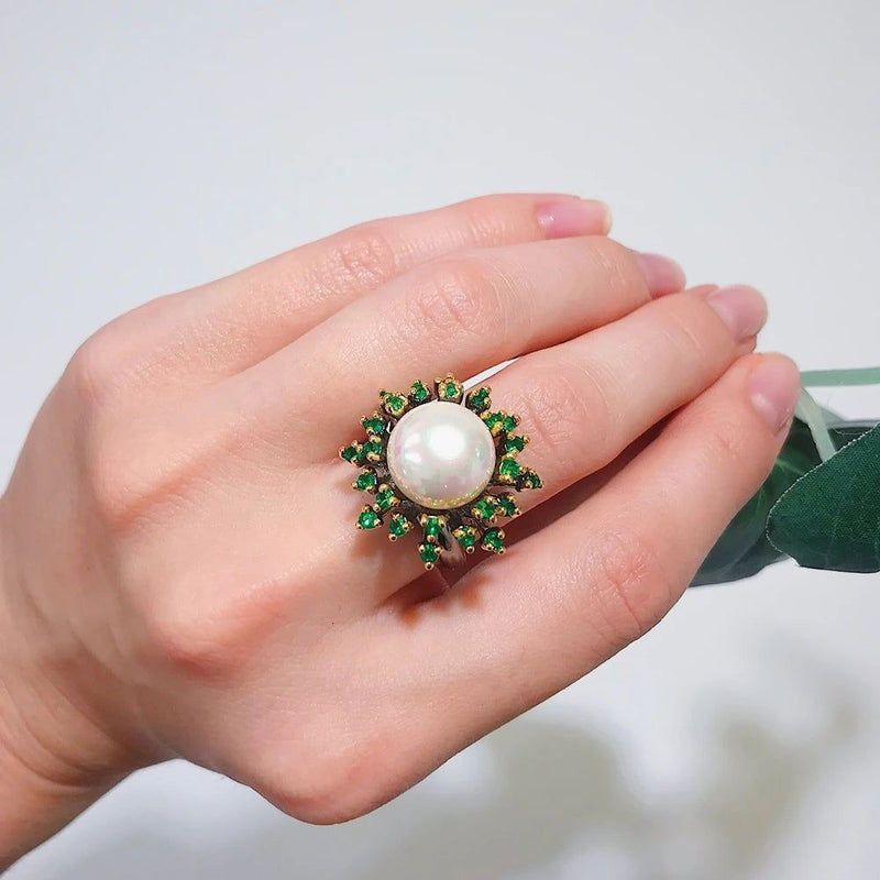 Enchanted Blossoming Floral Ring with Green Zircon and White Pearl