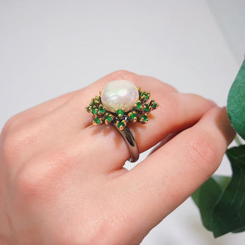 Enchanted Blossoming Floral Ring with Green Zircon and White Pearl