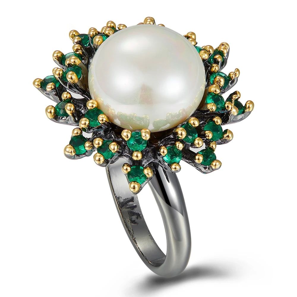 Enchanted Blossoming Floral Ring with Green Zircon and White Pearl