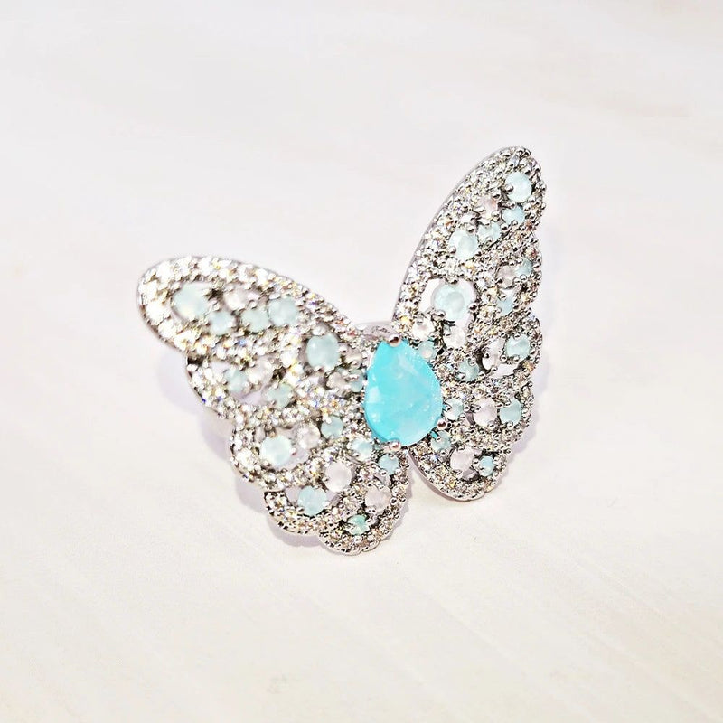 Enchanting Aquamarine and Pink Opal Butterfly Cocktail Ring