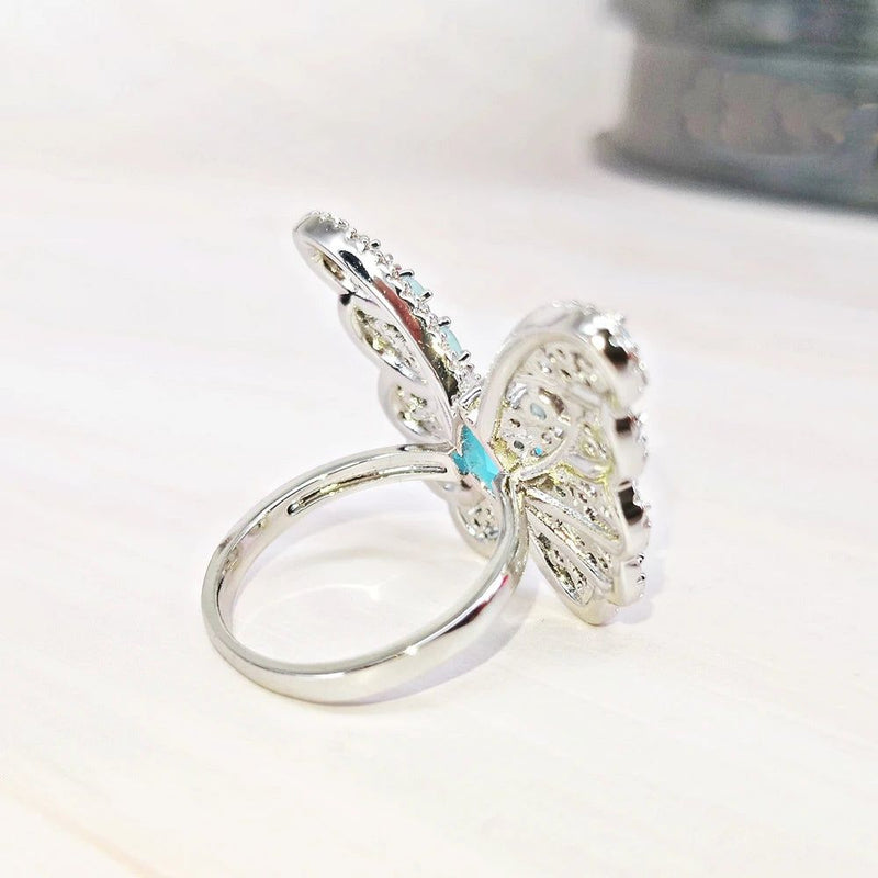 Enchanting Aquamarine and Pink Opal Butterfly Cocktail Ring