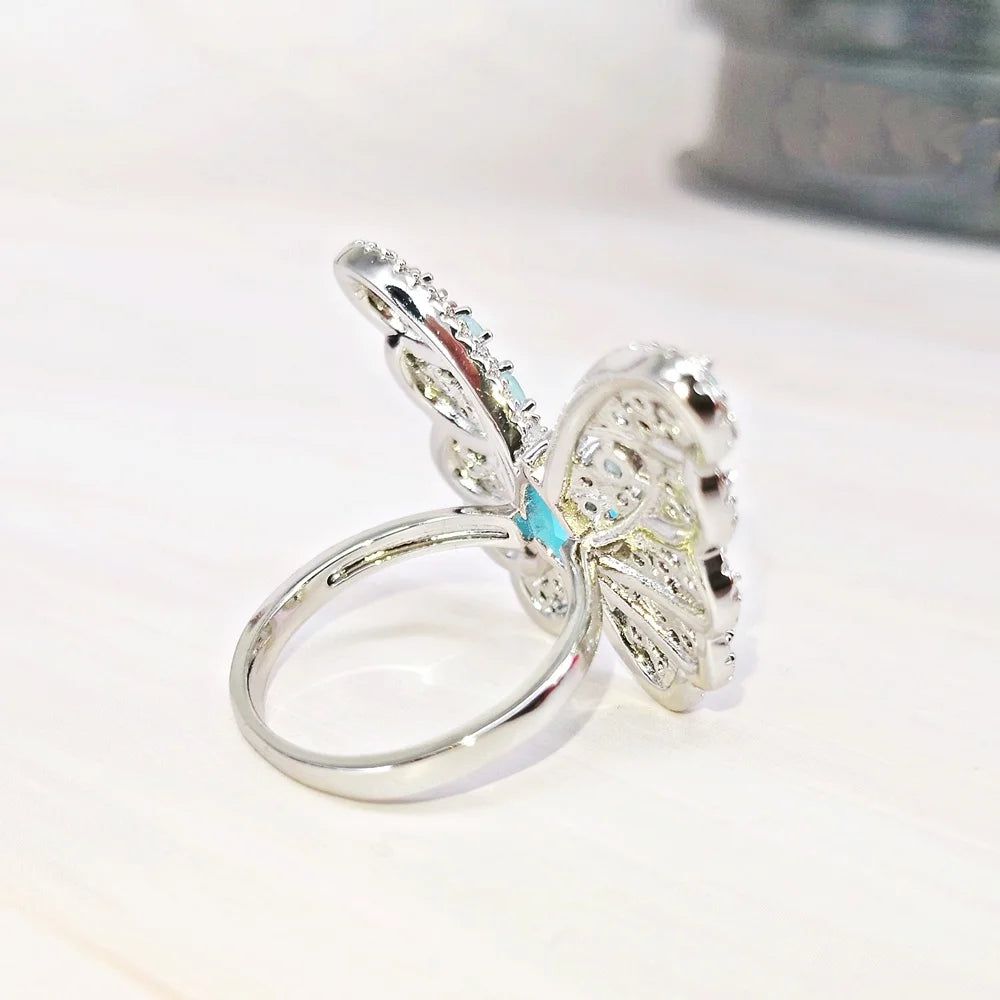 Enchanting Aquamarine and Pink Opal Butterfly Cocktail Ring