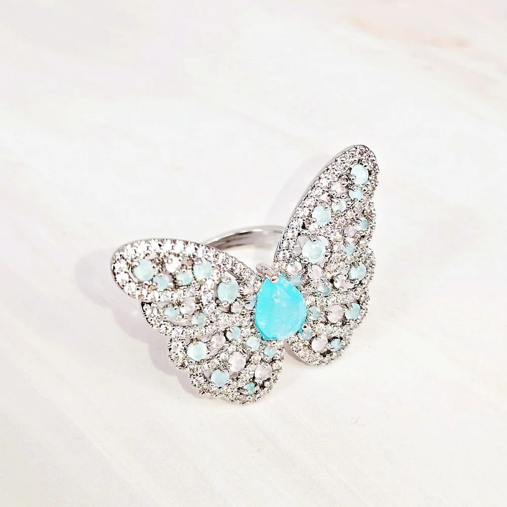 Enchanting Aquamarine and Pink Opal Butterfly Cocktail Ring