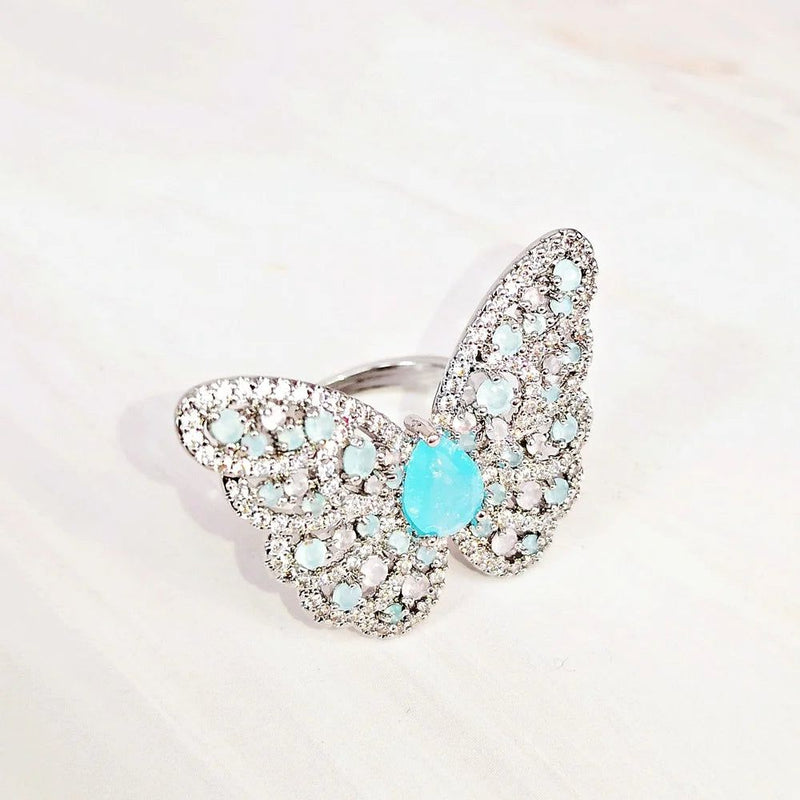 Enchanting Aquamarine and Pink Opal Butterfly Cocktail Ring