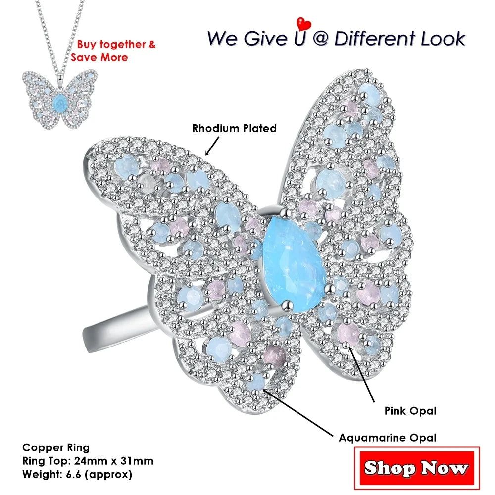 Enchanting Aquamarine and Pink Opal Butterfly Cocktail Ring