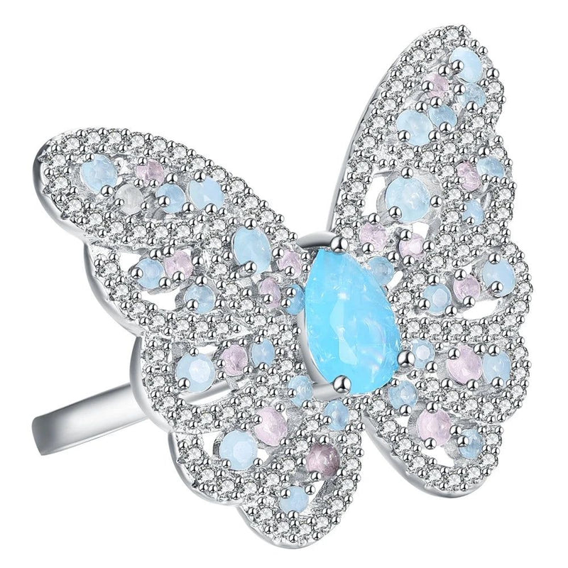 Enchanting Aquamarine and Pink Opal Butterfly Cocktail Ring