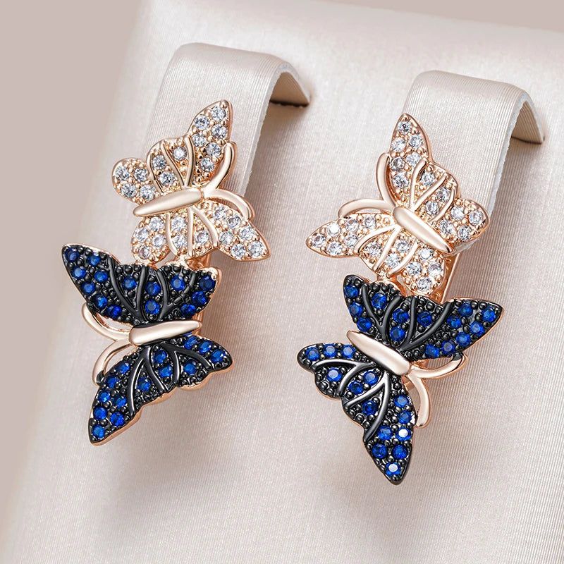 Enchanting Blue Zircon Butterfly Drop Earrings in 585 Rose Gold with Antique Finish