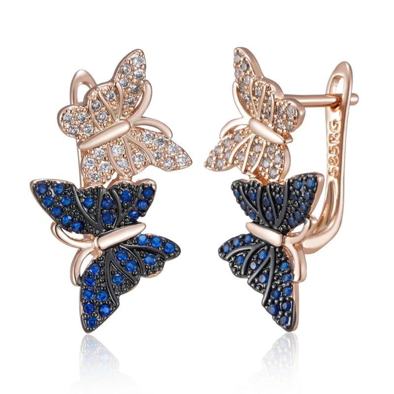 Enchanting Blue Zircon Butterfly Drop Earrings in 585 Rose Gold with Antique Finish