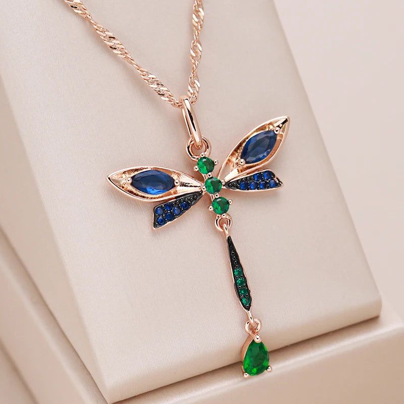 Enchanting Blue Zircon Dragonfly Pendant Necklace in 585 Rose Gold and Black Finish Vintage Jewelry