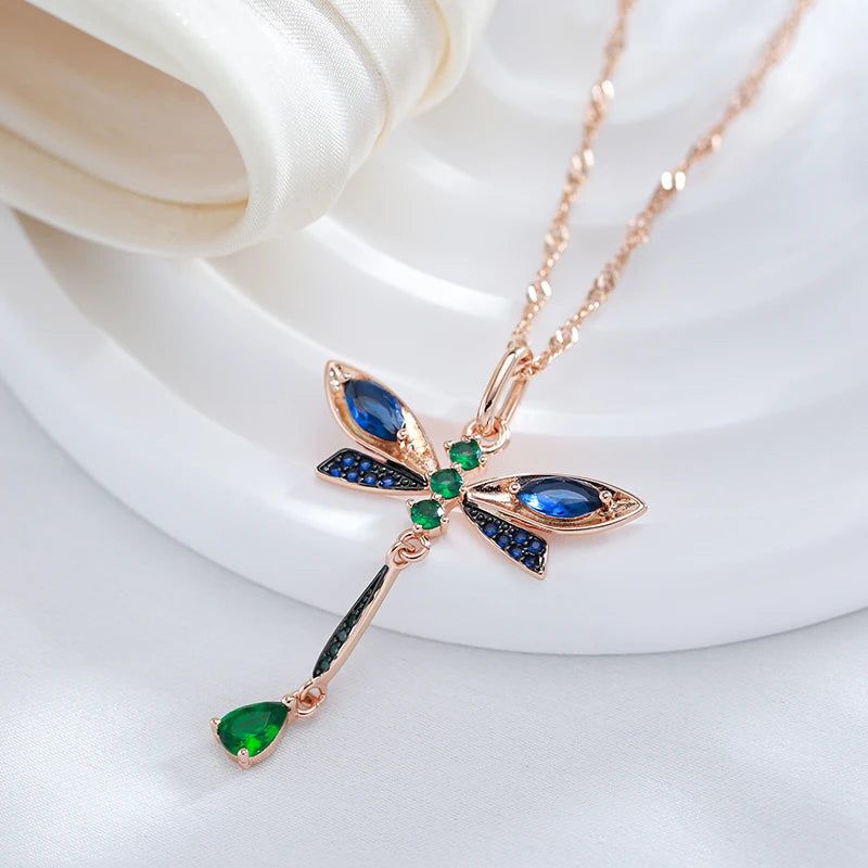 Enchanting Blue Zircon Dragonfly Pendant Necklace in 585 Rose Gold and Black Finish Vintage Jewelry