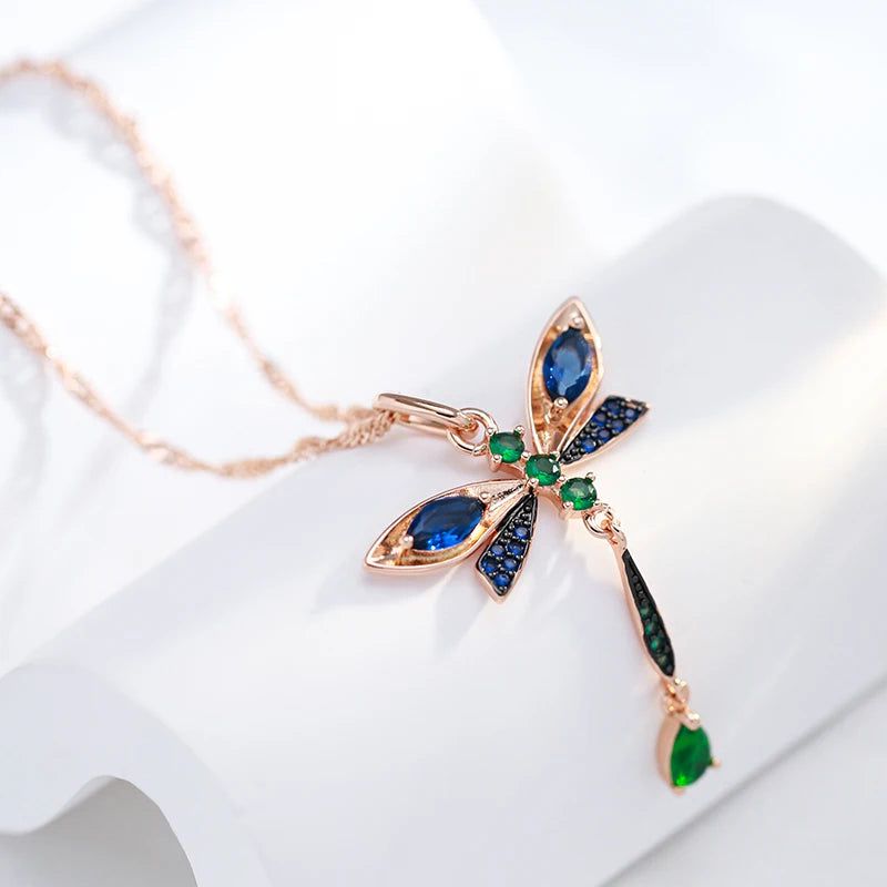 Enchanting Blue Zircon Dragonfly Pendant Necklace in 585 Rose Gold and Black Finish Vintage Jewelry