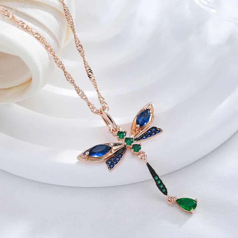 Enchanting Blue Zircon Dragonfly Pendant Necklace in 585 Rose Gold and Black Finish Vintage Jewelry