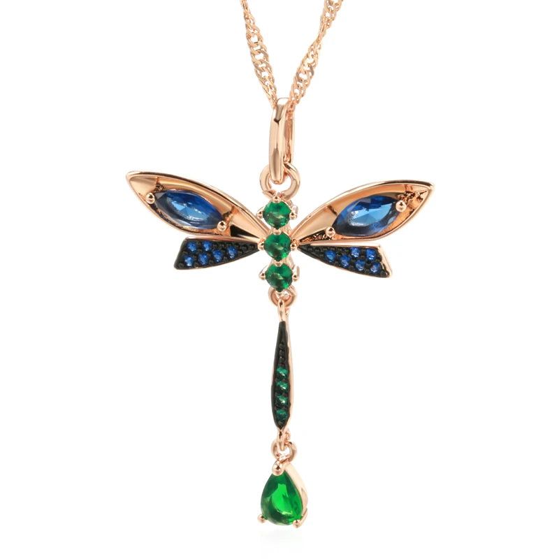 Enchanting Blue Zircon Dragonfly Pendant Necklace in 585 Rose Gold and Black Finish Vintage Jewelry