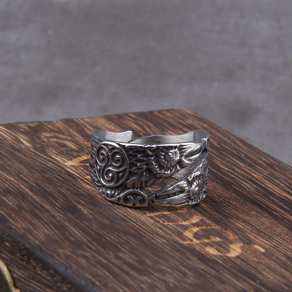 Eternal Viking Raven Stainless Steel Statement Rings for Men - Vintage Nordic Odin Jewelry