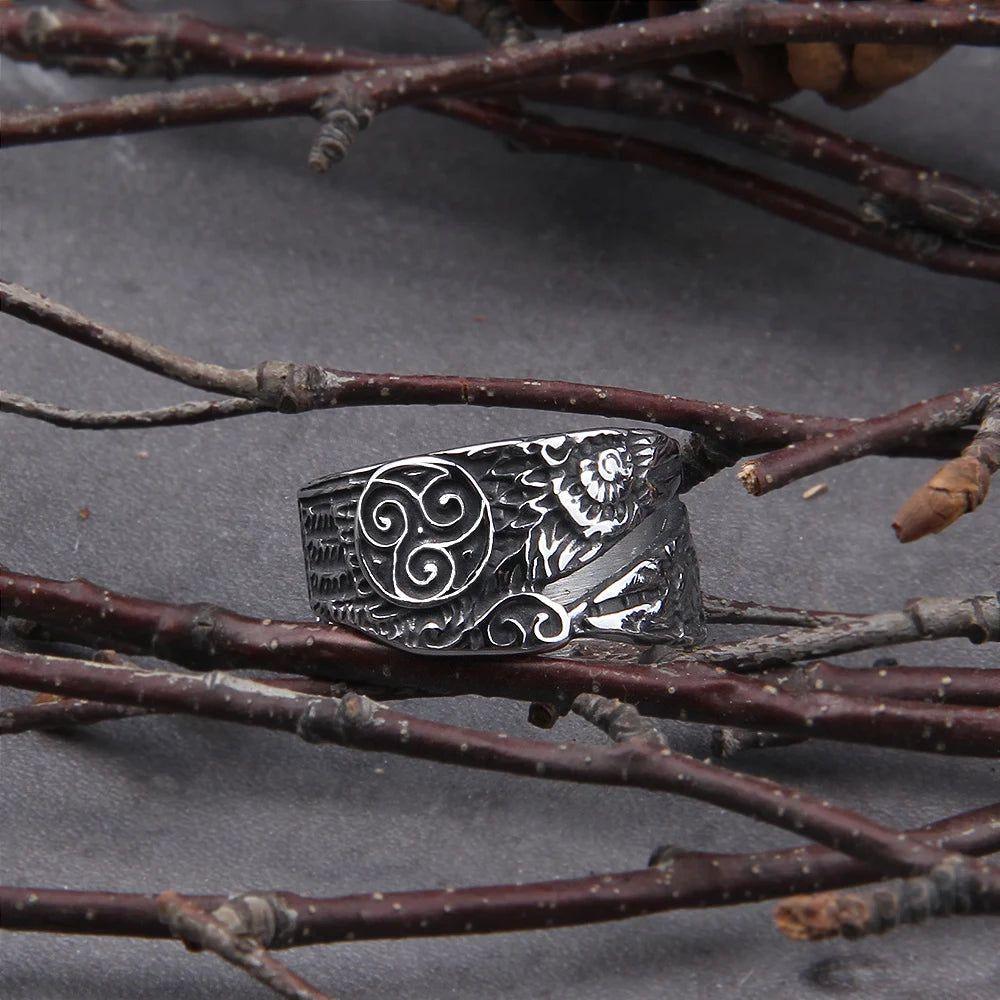 Eternal Viking Raven Stainless Steel Statement Rings for Men - Vintage Nordic Odin Jewelry