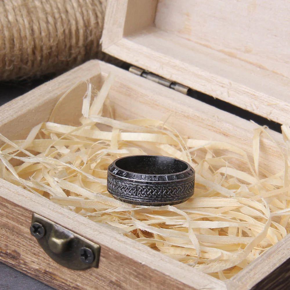 Eternal Viking Rune Stainless Steel Celtic Ring - Unisex Amulet Jewelry with Wooden Gift Box