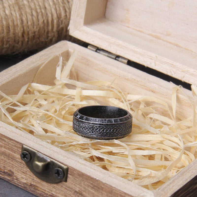 Eternal Viking Rune Stainless Steel Celtic Ring - Unisex Amulet Jewelry with Wooden Gift Box