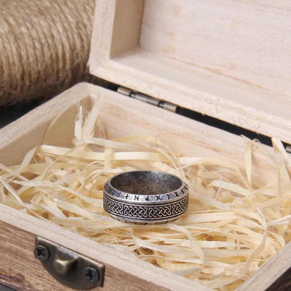 Eternal Viking Rune Stainless Steel Celtic Ring - Unisex Amulet Jewelry with Wooden Gift Box