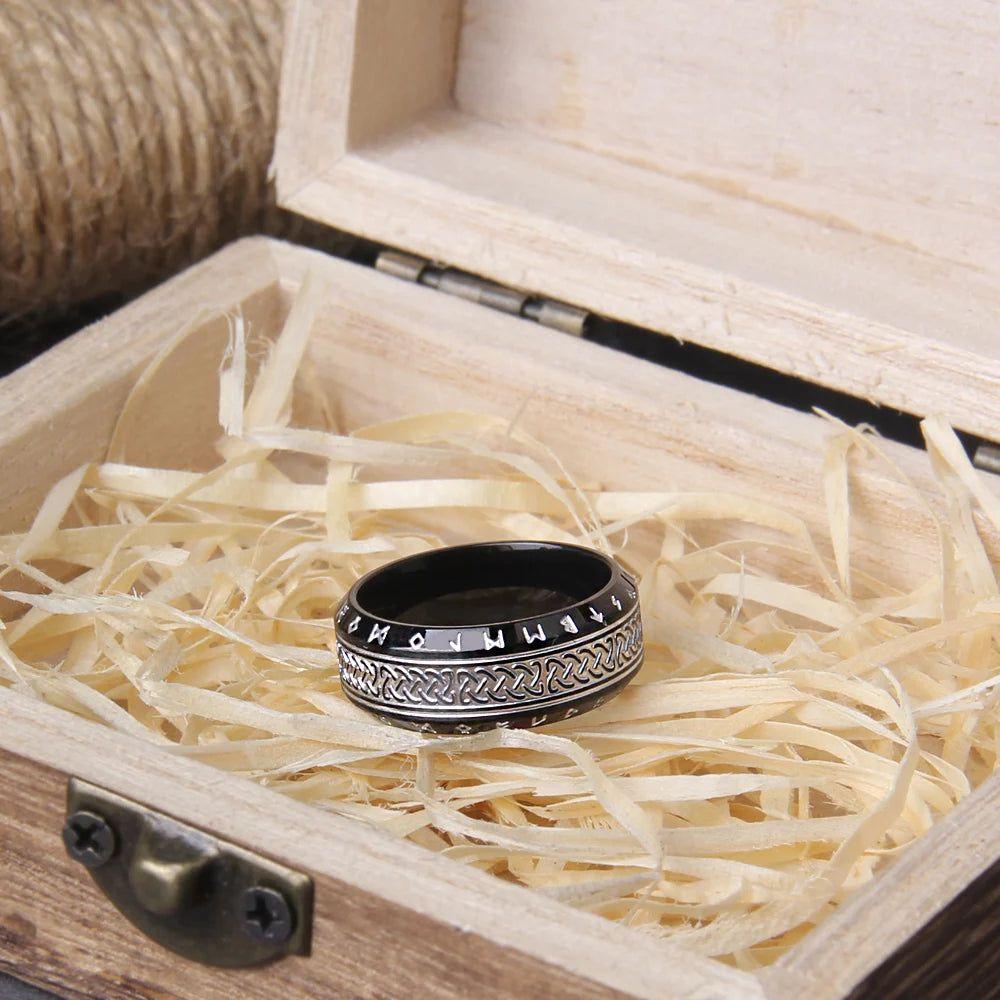 Eternal Viking Rune Stainless Steel Celtic Ring - Unisex Amulet Jewelry with Wooden Gift Box