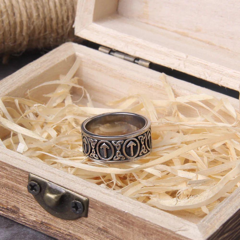 Eternal Viking Rune Stainless Steel Ring - Stylish Unisex Jewelry with Wooden Gift Box