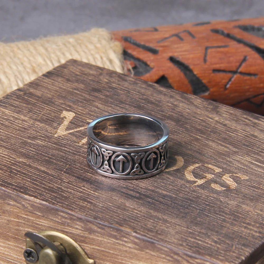 Eternal Viking Rune Stainless Steel Ring - Stylish Unisex Jewelry with Wooden Gift Box