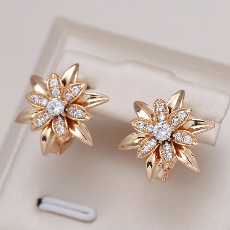 Exaggerated Floral Design 585 Rose Gold Earrings with Natural Zircon Accents