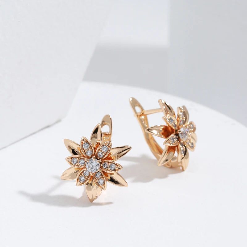 Exaggerated Floral Design 585 Rose Gold Earrings with Natural Zircon Accents