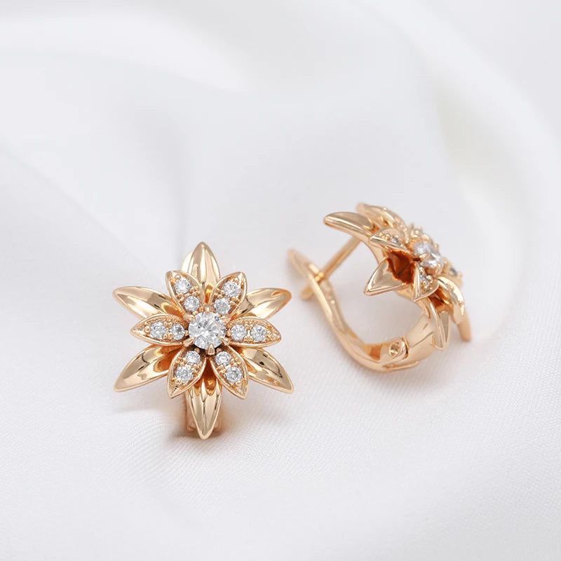 Exaggerated Floral Design 585 Rose Gold Earrings with Natural Zircon Accents