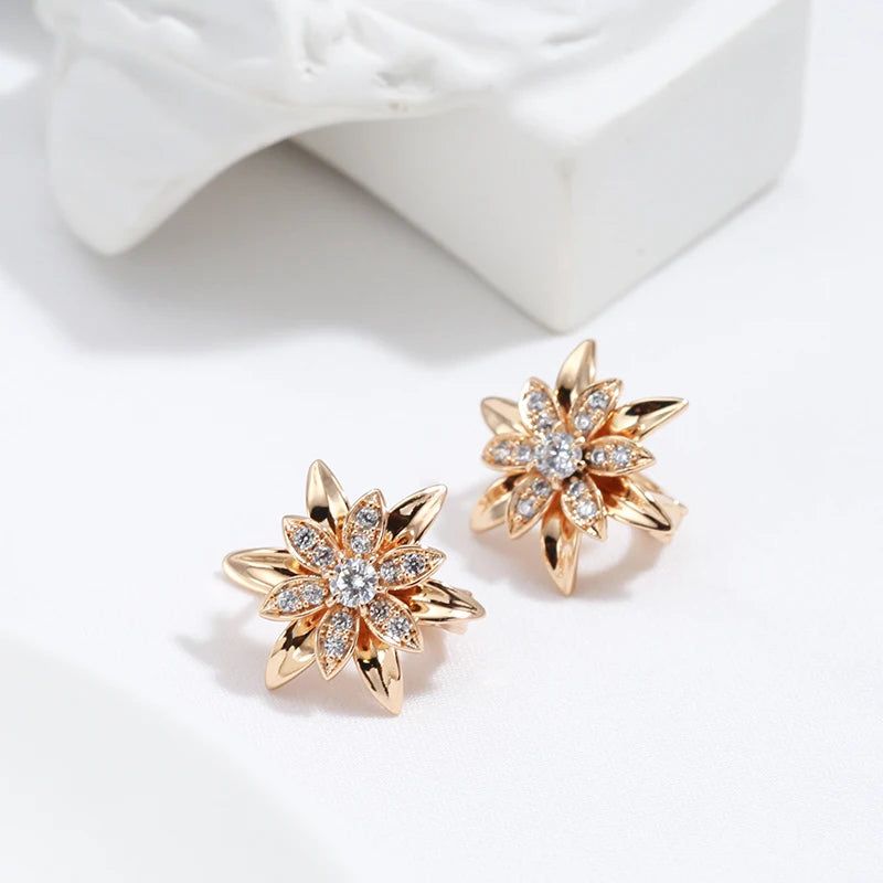 Exaggerated Floral Design 585 Rose Gold Earrings with Natural Zircon Accents