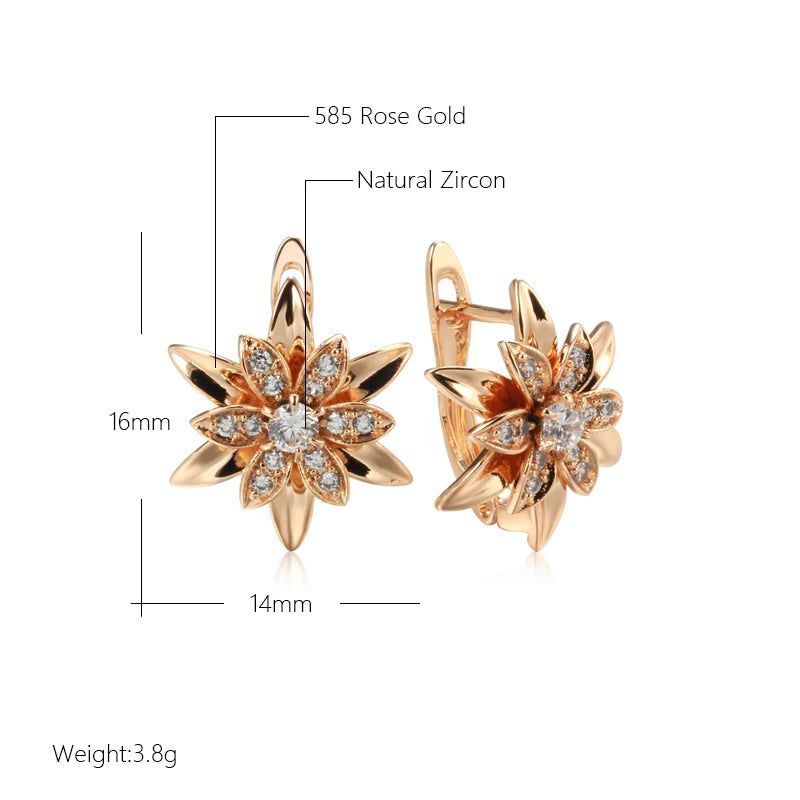 Exaggerated Floral Design 585 Rose Gold Earrings with Natural Zircon Accents