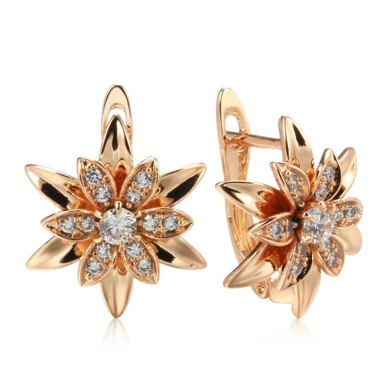 Exaggerated Floral Design 585 Rose Gold Earrings with Natural Zircon Accents