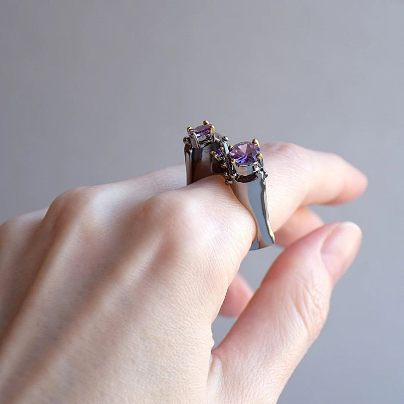 Exaggerated Geometric Purple Zircon Couple Rings in Black and Gold - Fashion Statement Sale