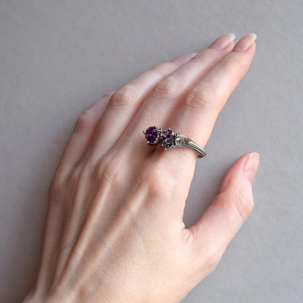 Exaggerated Geometric Purple Zircon Couple Rings in Black and Gold - Fashion Statement Sale