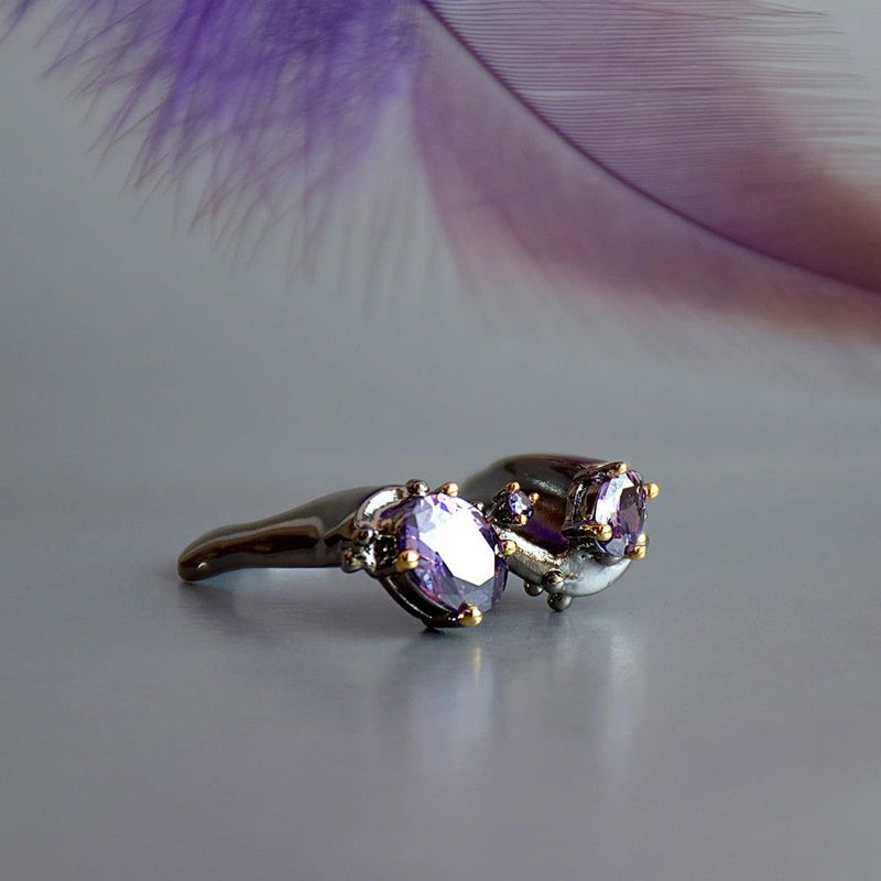 Exaggerated Geometric Purple Zircon Couple Rings in Black and Gold - Fashion Statement Sale