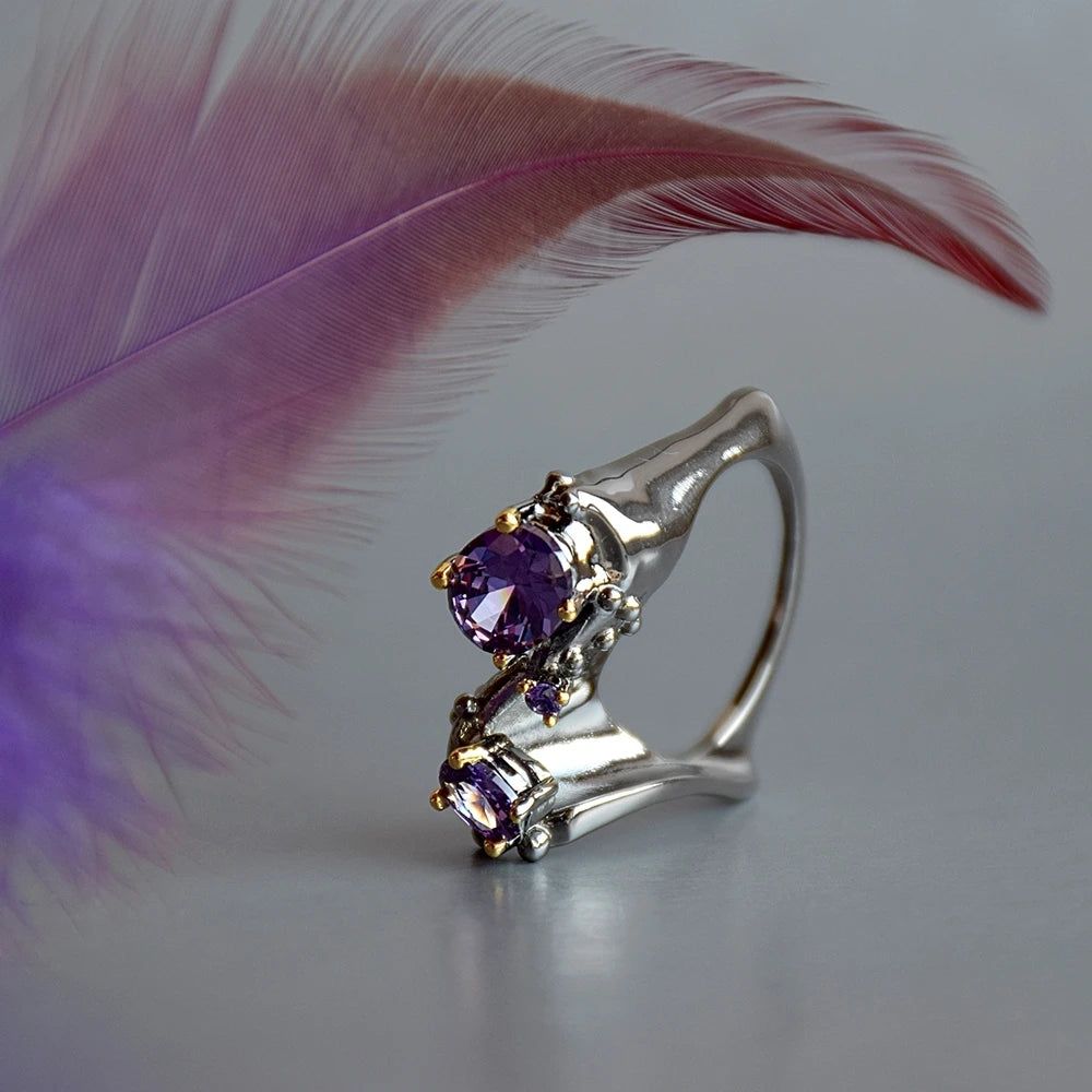 Exaggerated Geometric Purple Zircon Couple Rings in Black and Gold - Fashion Statement Sale