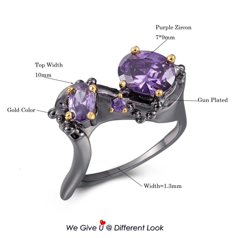 Exaggerated Geometric Purple Zircon Couple Rings in Black and Gold - Fashion Statement Sale