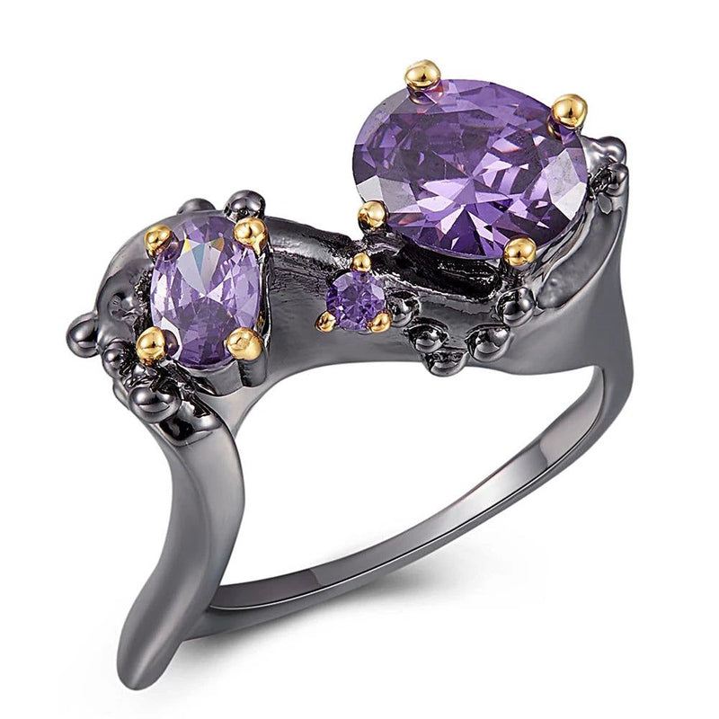 Exaggerated Geometric Purple Zircon Couple Rings in Black and Gold - Fashion Statement Sale