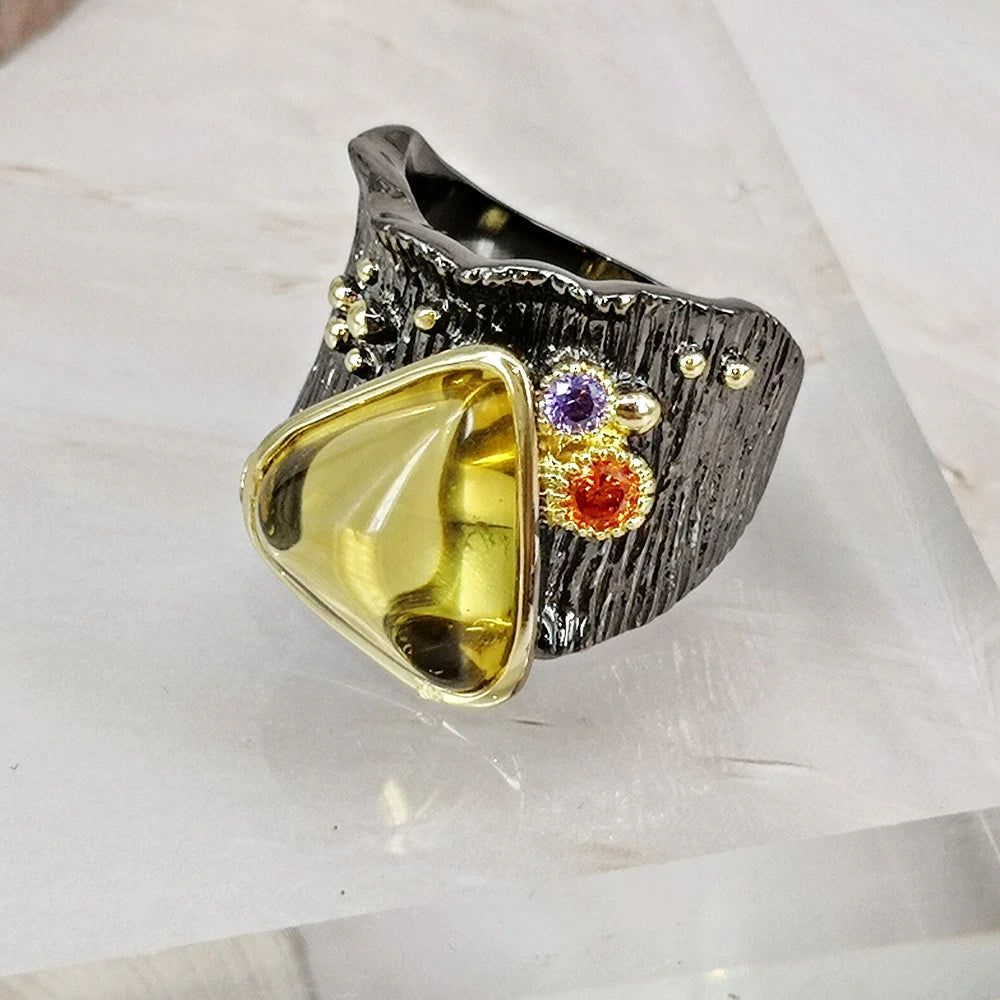 Exotic Hip Hop Baroque Cocktail Ring with Golden Yellow Triangle Zircon