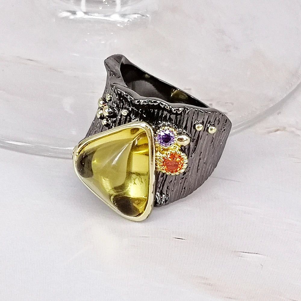 Exotic Hip Hop Baroque Cocktail Ring with Golden Yellow Triangle Zircon