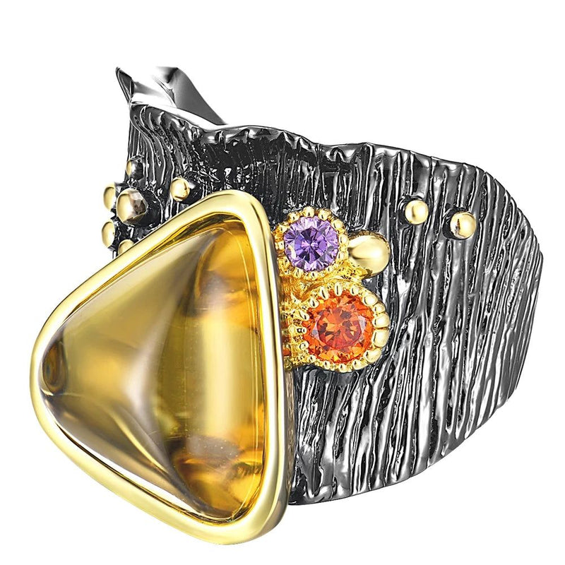 Exotic Hip Hop Baroque Cocktail Ring with Golden Yellow Triangle Zircon