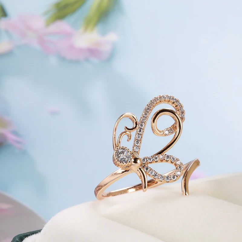 Exquisite 585 Rose Gold Butterfly Cocktail Ring with Natural Zircon Inlay