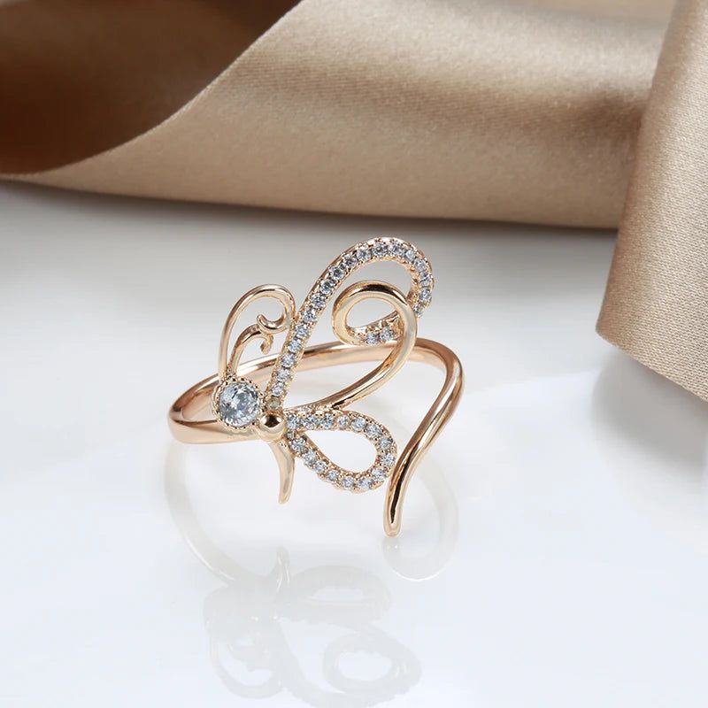 Exquisite 585 Rose Gold Butterfly Cocktail Ring with Natural Zircon Inlay