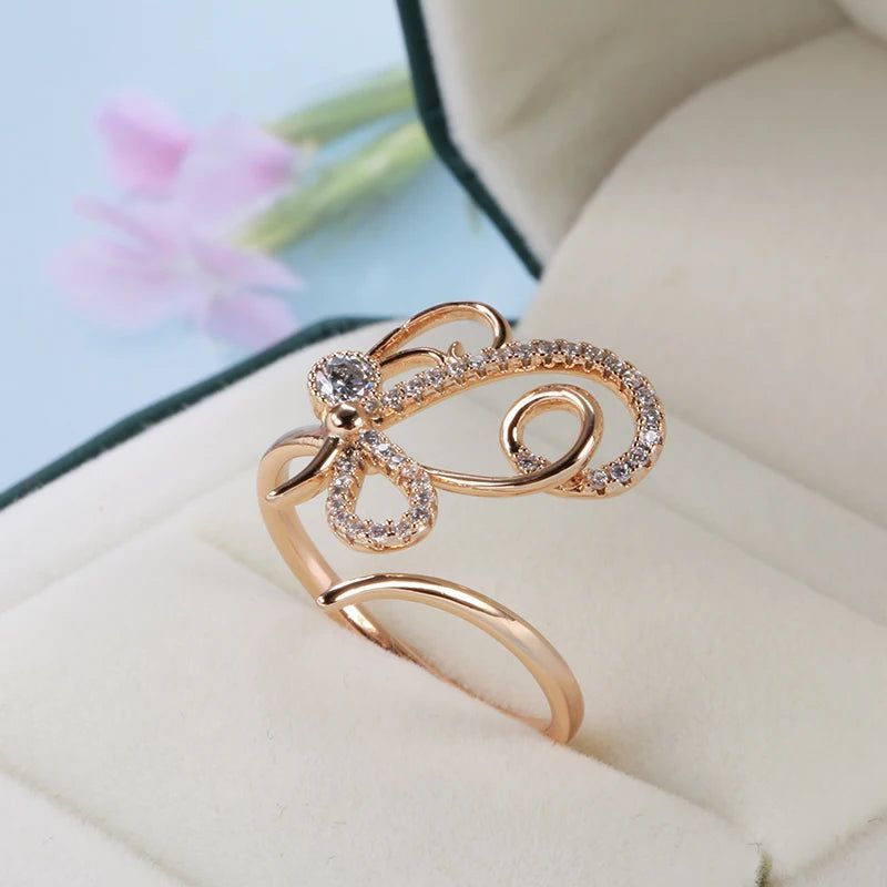 Exquisite 585 Rose Gold Butterfly Cocktail Ring with Natural Zircon Inlay